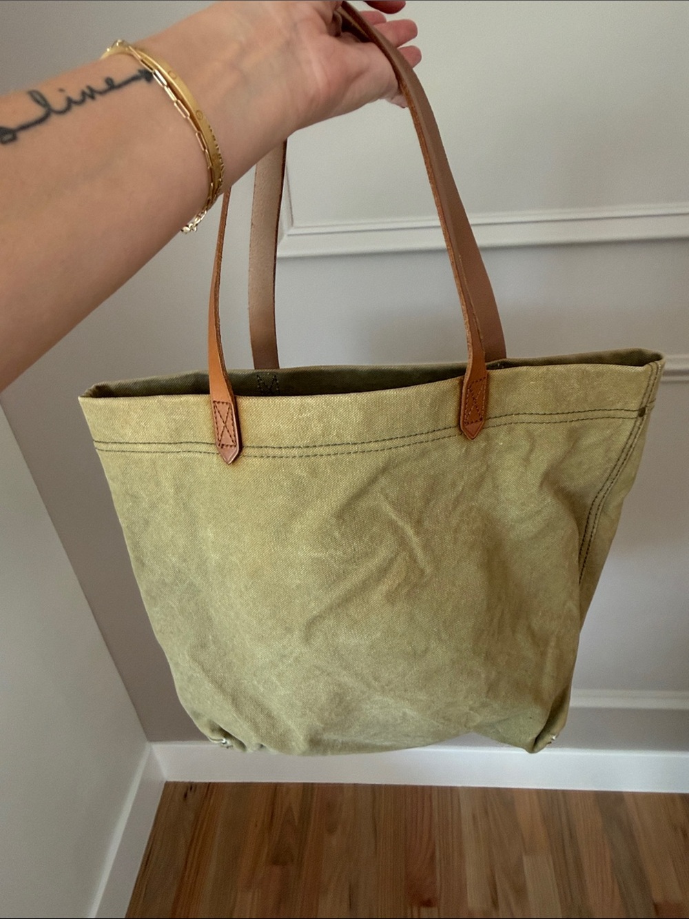 Madewell Canvas Transport Tote Olive Green Canvas Brown Leather Handles bag
